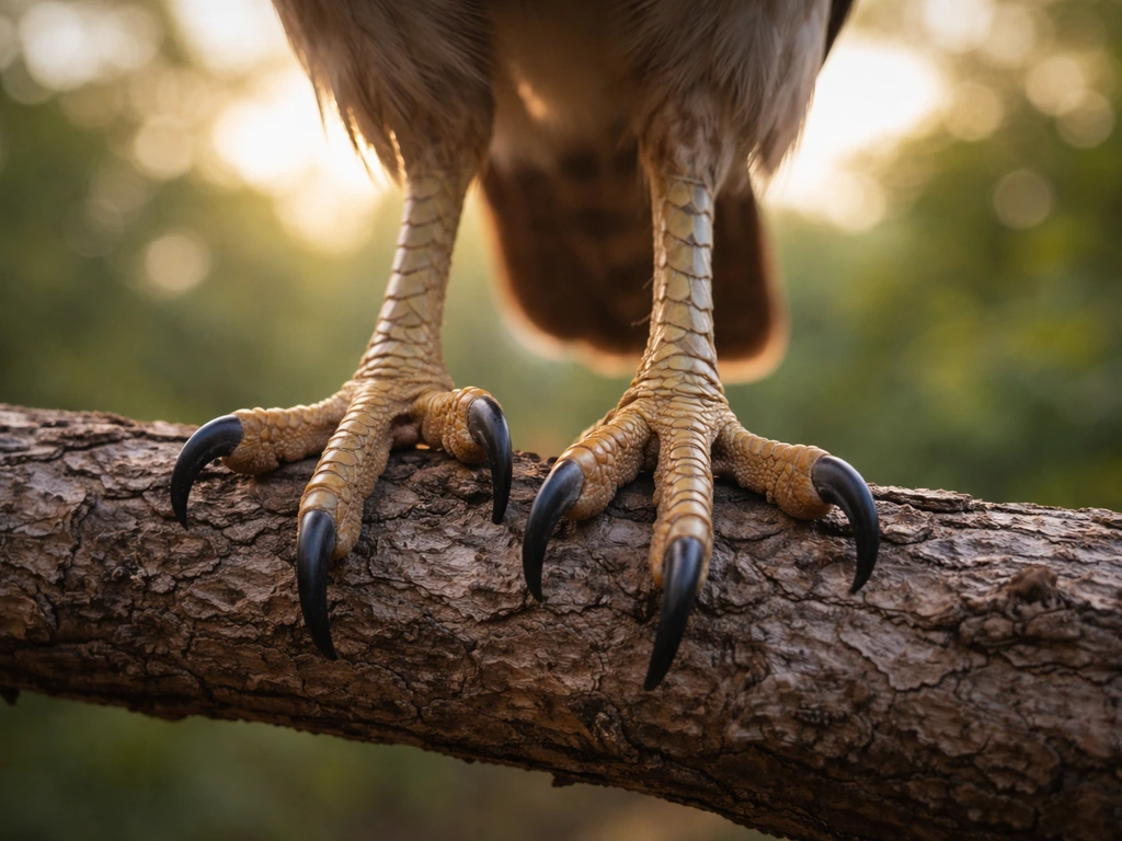 Close-up of a bird’s legs and feet perched on a natural branch in soft light.