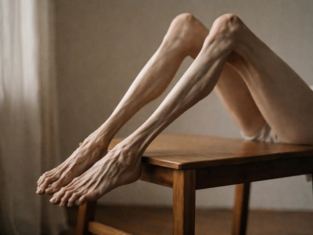 Close-up of slender bony bird-like legs resting on a simple wooden chair indoors