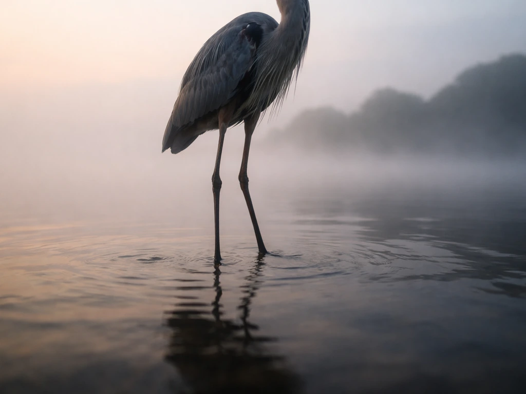Dreamlike heron or crane standing in misty water with focus on its long legs and feet.
