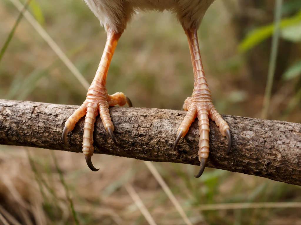 Close-up of real bird legs and claws on a natural perch, highlighting leg shape and color variations.