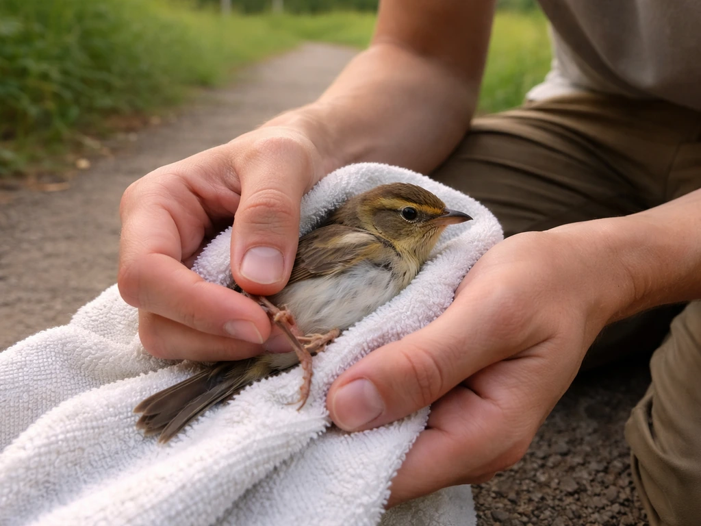 Humane wildlife handler gently supports an injured small bird’s legs on a towel outdoors.