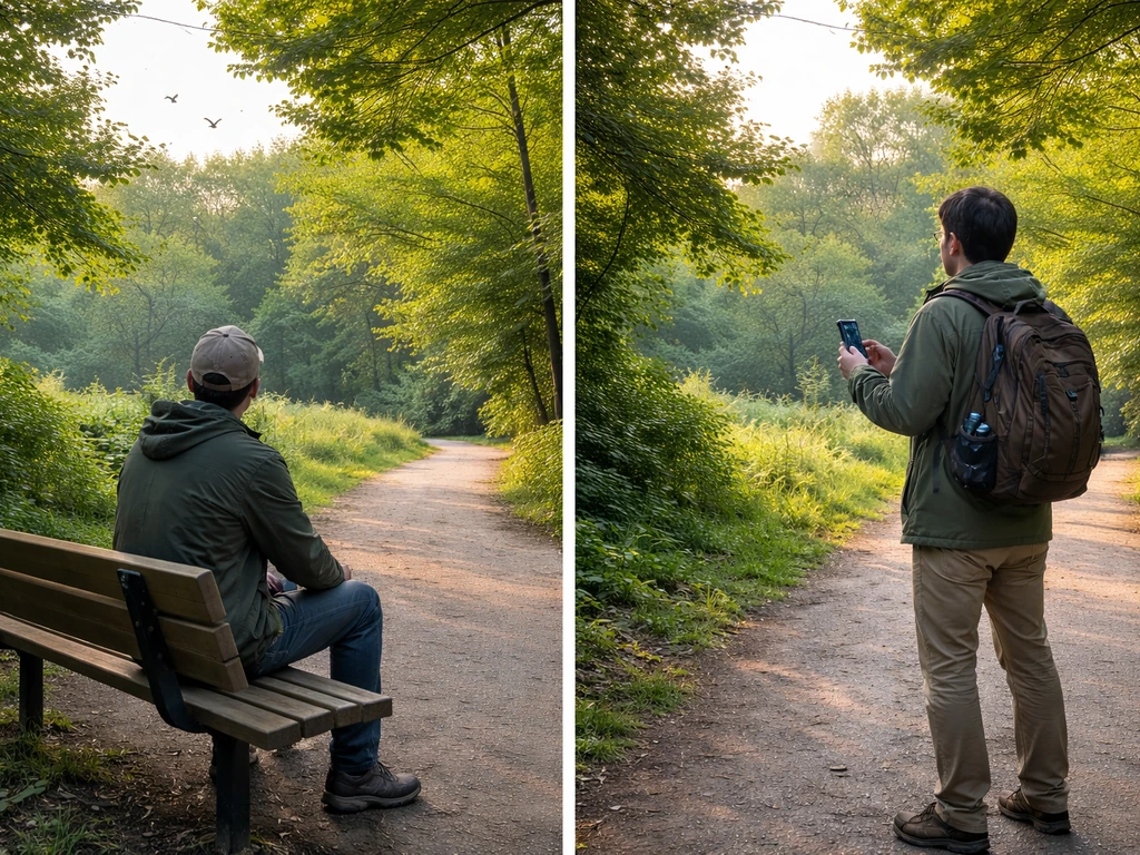 Split-style outdoor scene: casual bird watching on a bench vs active birding with binoculars and phone.
