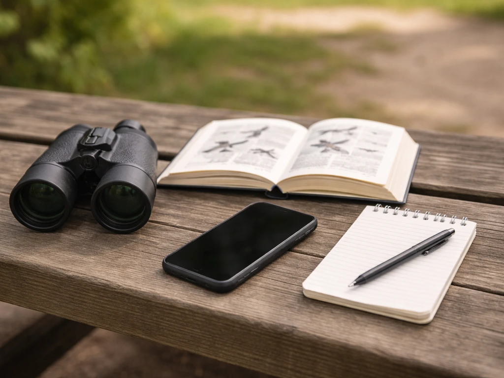 Binoculars beside a field guide and smartphone with a small notebook for birding notes.