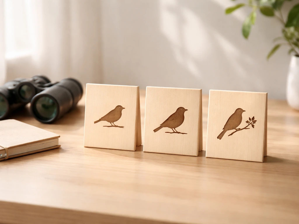 Minimal office desk with three bird-themed silhouettes side by side, representing bird watcher, birder, and ornithologis