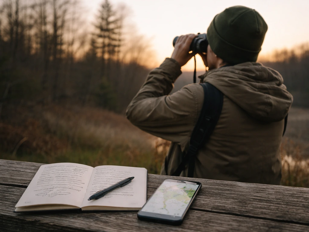 Beginner bird watcher focusing binoculars on a quiet tree line, with a notebook and phone map behind.