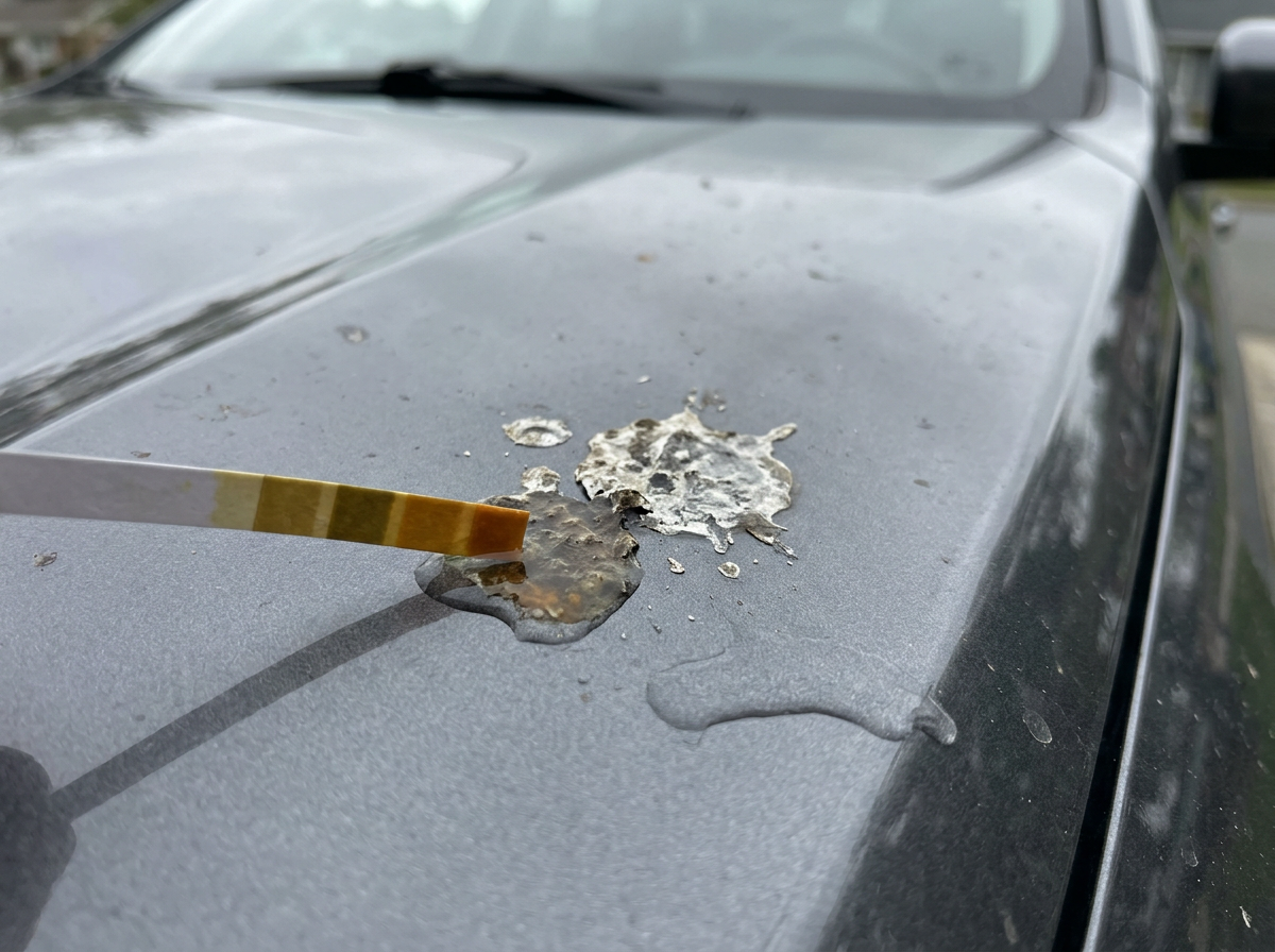 Close-up of bird droppings on a car hood with pH test strip for urgency
