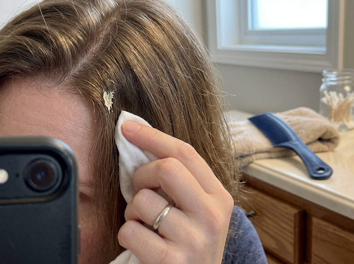 Gentle cleaning of a small speck of bird droppings from hair with damp cloth
