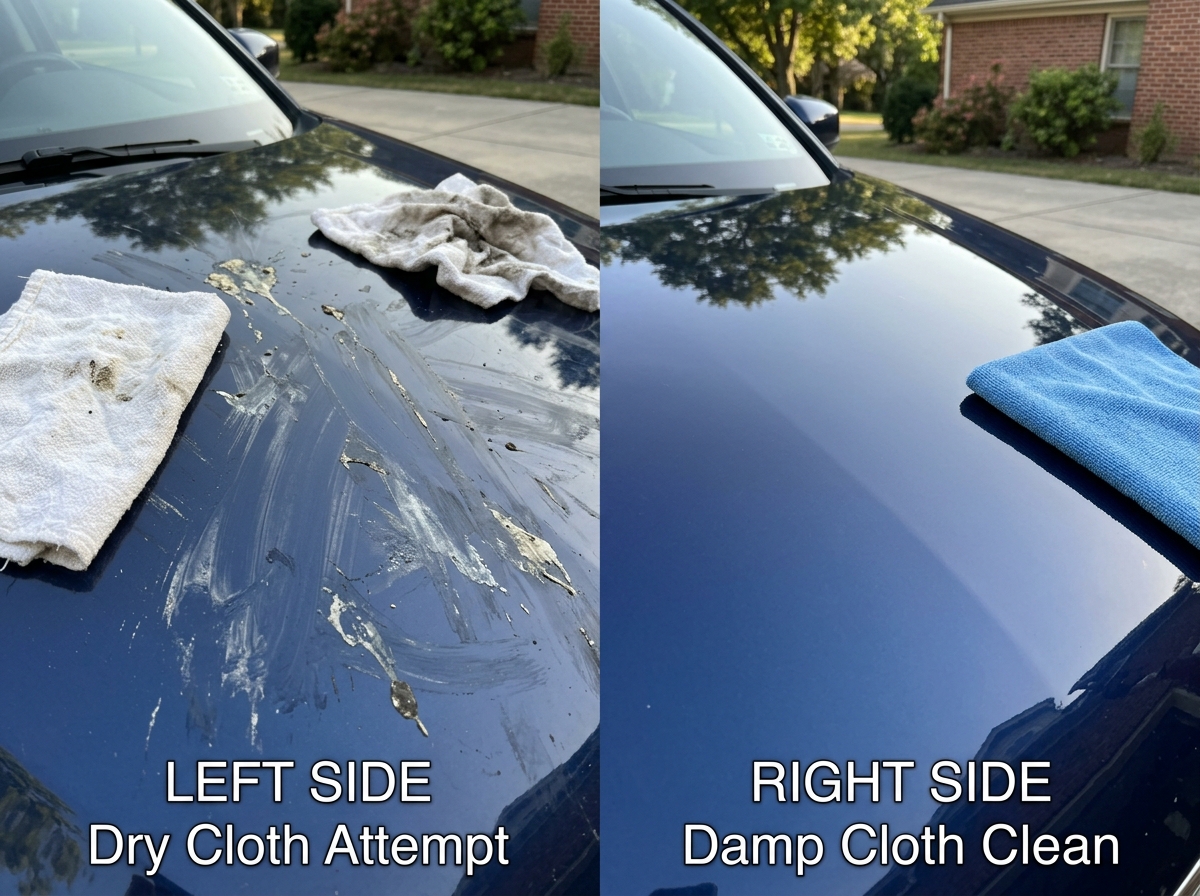 Before-and-after: wiping bird droppings on a car vs cleaning with damp microfiber
