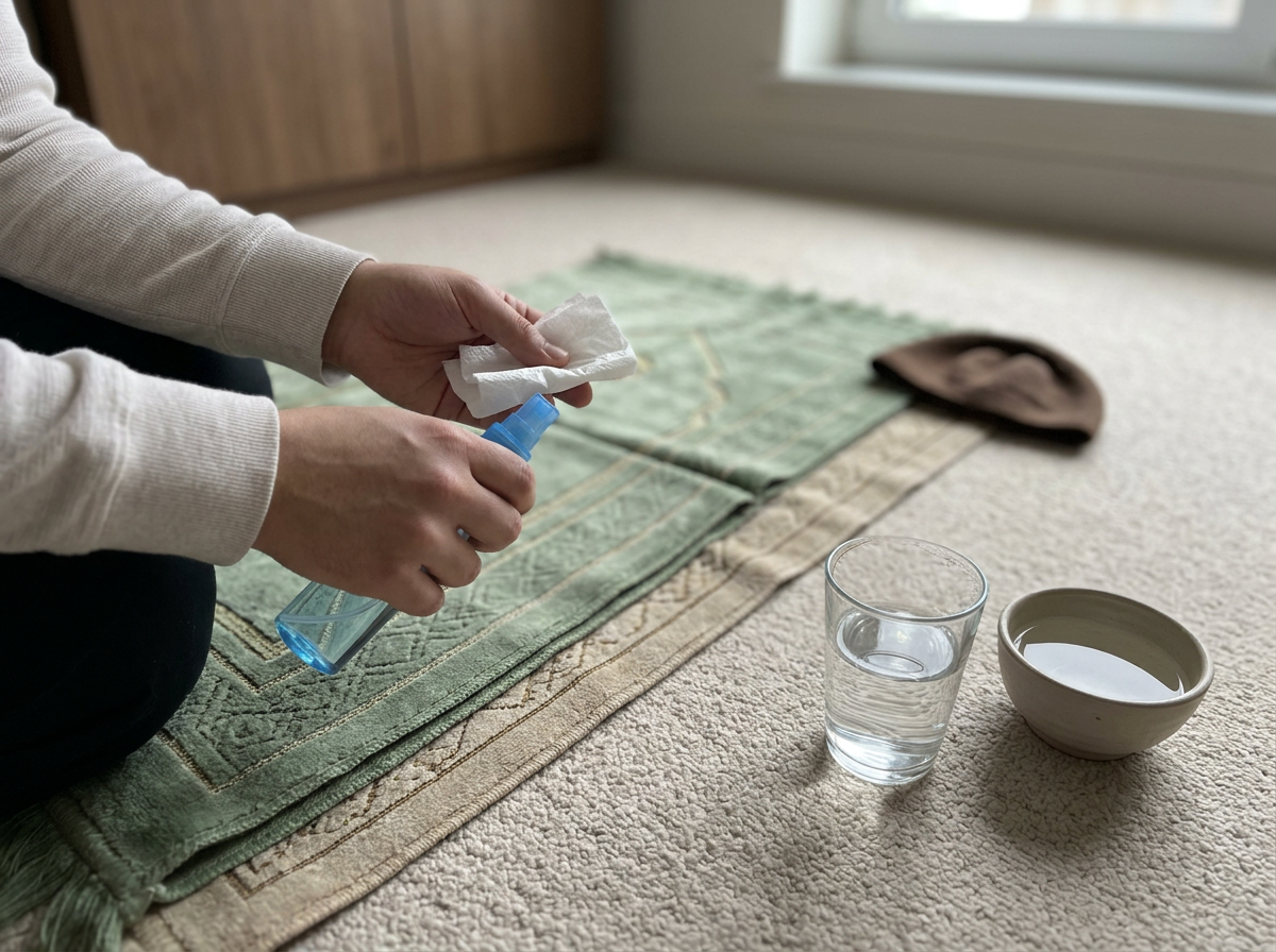 Hands and water items prepared for wudu after cleaning najasah