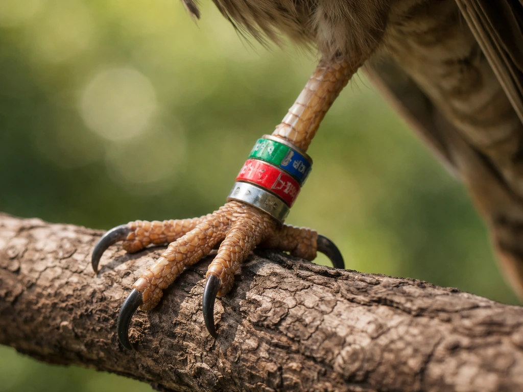 Close-up of a wild bird’s leg with a colorful identification leg band on a branch