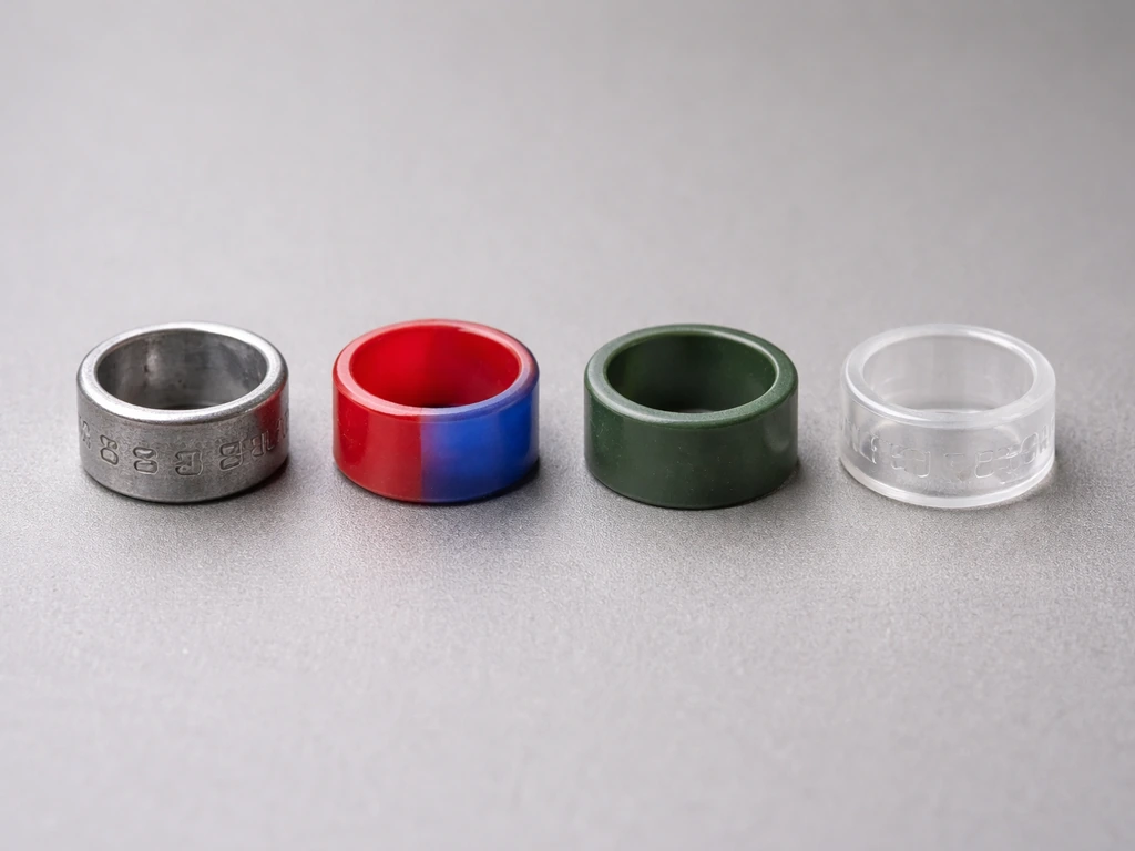 Close-up of different bird band materials side by side: metal research band, colored plastic bands, and other common typ