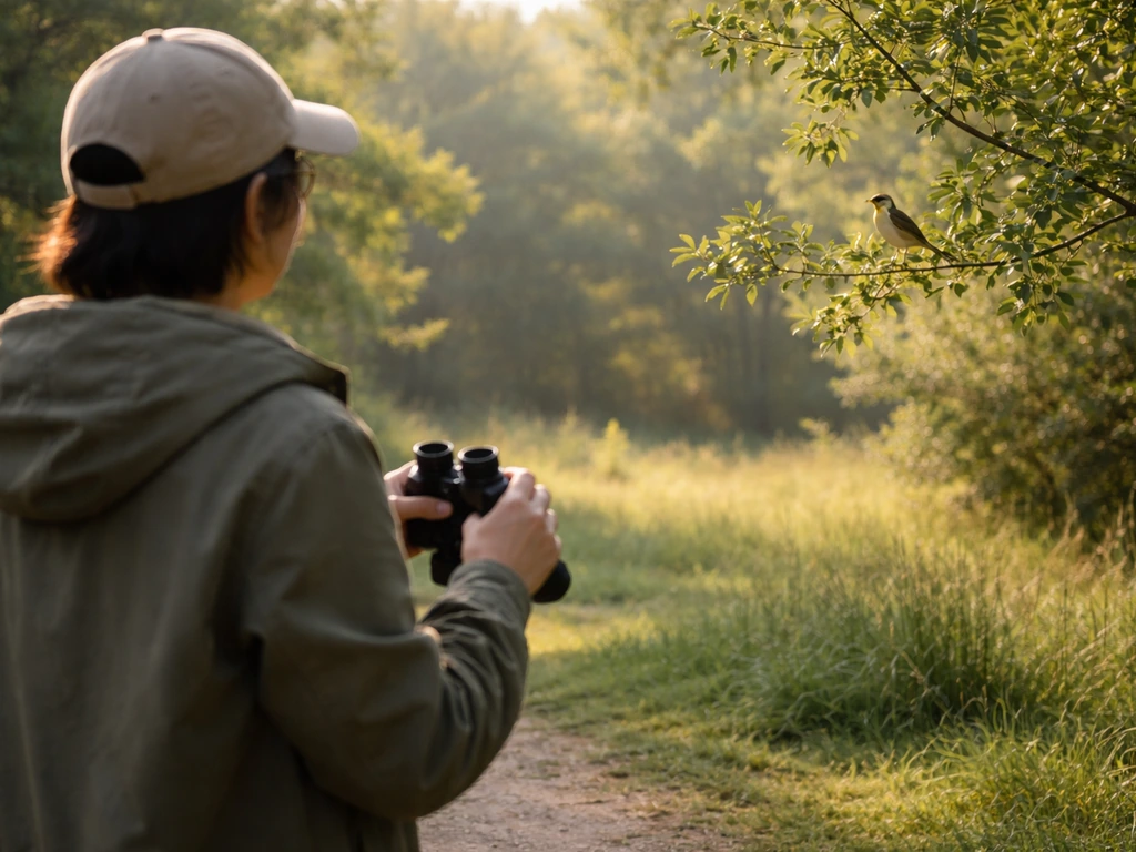 Person in a park quietly observing a banded bird in the distance with binoculars