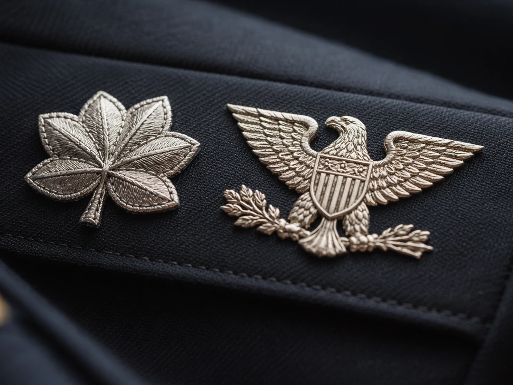 Close-up of US military-style O-6 colonel rank insignia with an eagle emblem on dark fabric.