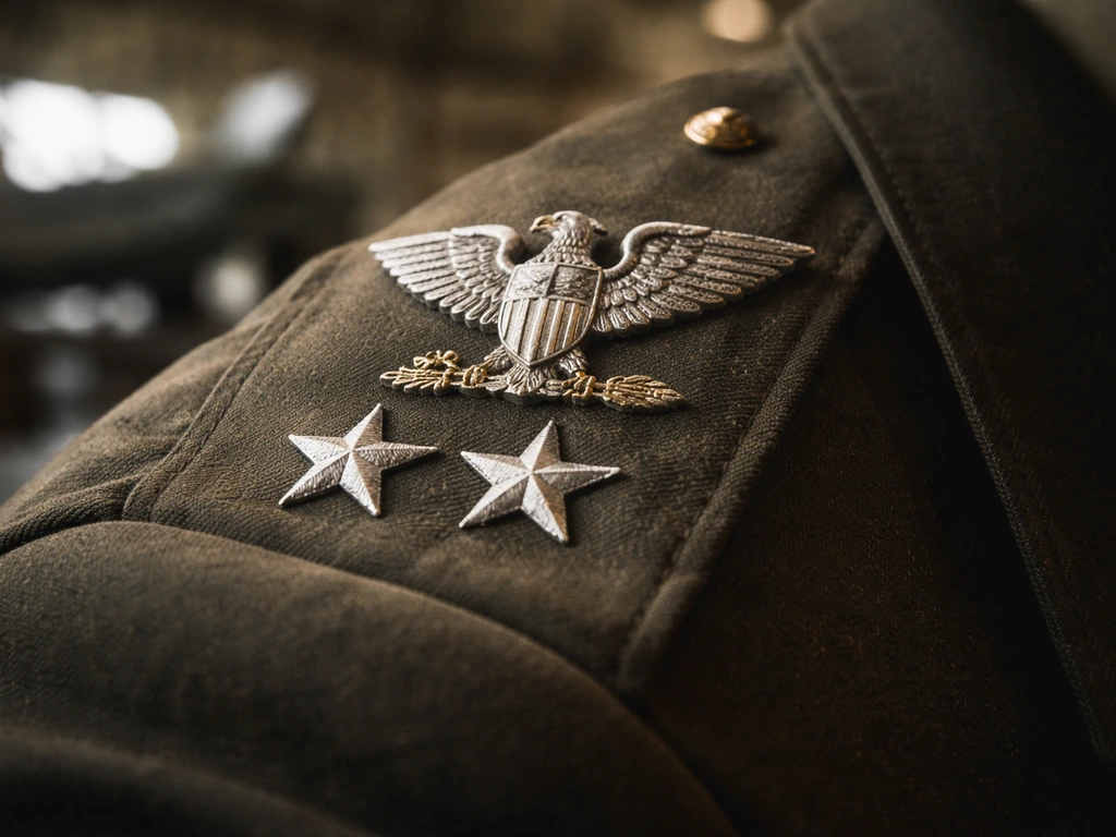 Close-up of eagle colonel-style military insignia on dark fabric in a vintage hangar setting.