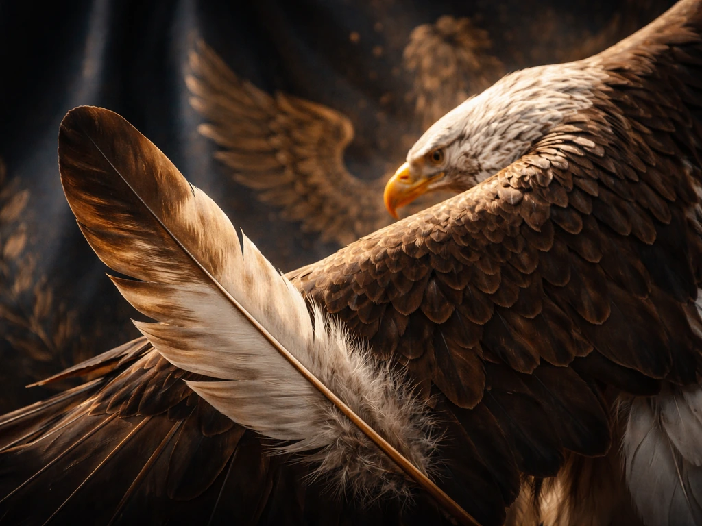 Close-up of detailed eagle feathers with subtle laurel and heritage-like background motifs in natural light