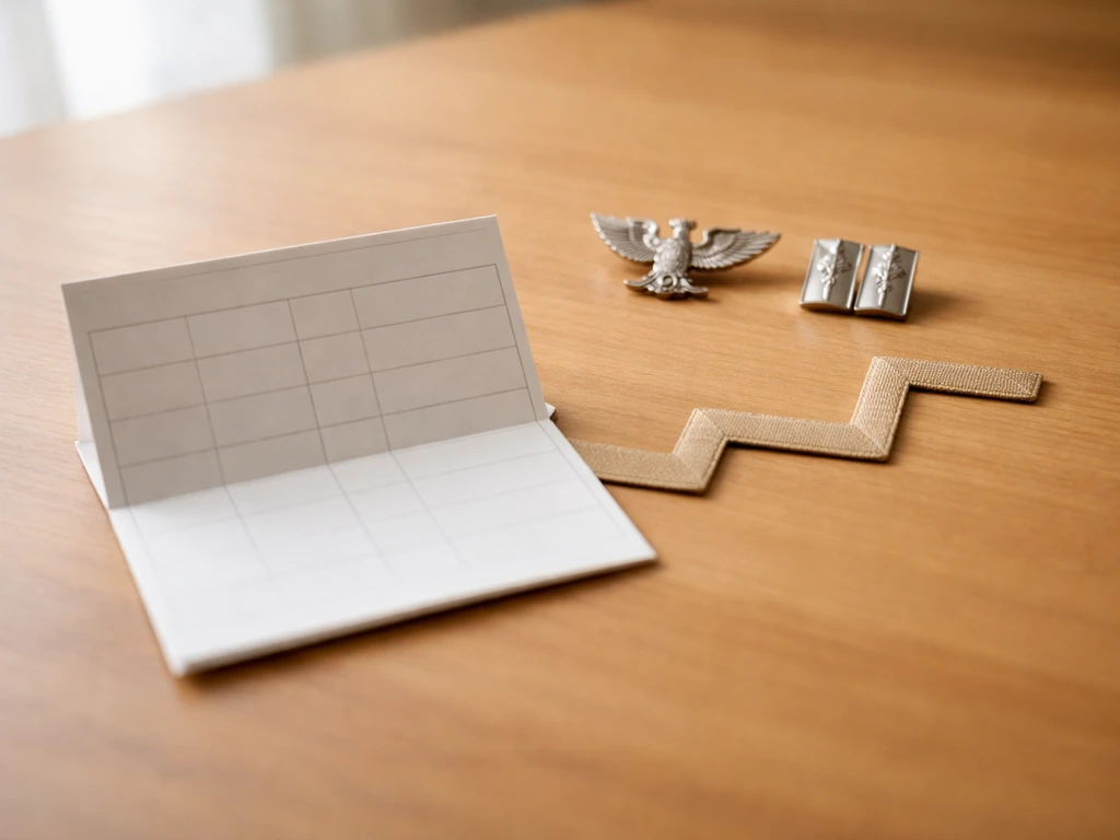 Desk with two small military insignia pins suggesting colonel vs lieutenant colonel rank.