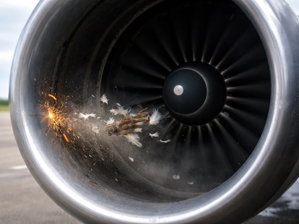Close-up of a jet engine intake with a small bird striking the fan area, showing impact sparks and debris
