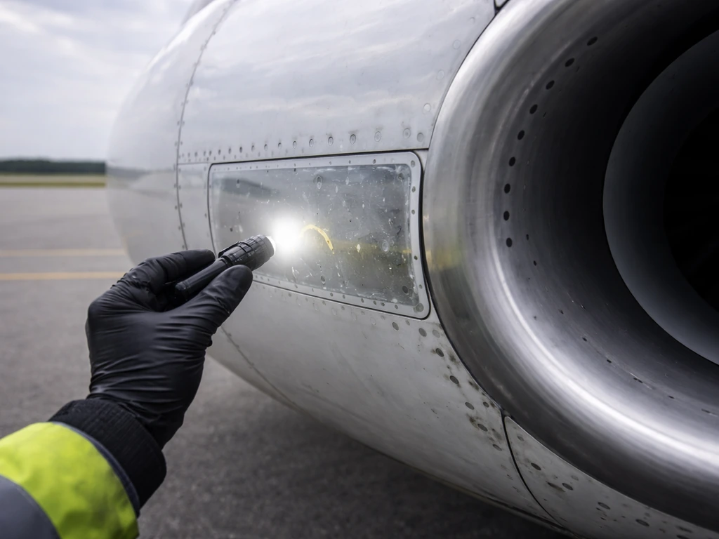 Close-up of an aircraft leading-edge panel under inspection after a bird strike on the tarmac.