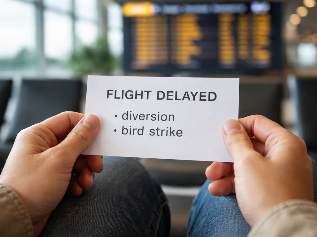 Blurred airport departure board and a small printed passenger notice showing a generic delay reason