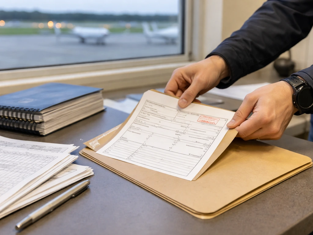 Anonymous aviation staff at a desk organizing documents for a bird-strike report with airport tarmac outside
