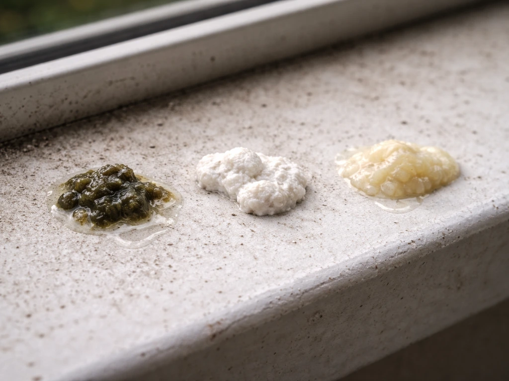 Outdoor close-up of different bird droppings on a window ledge showing varied colors for visual safety cues