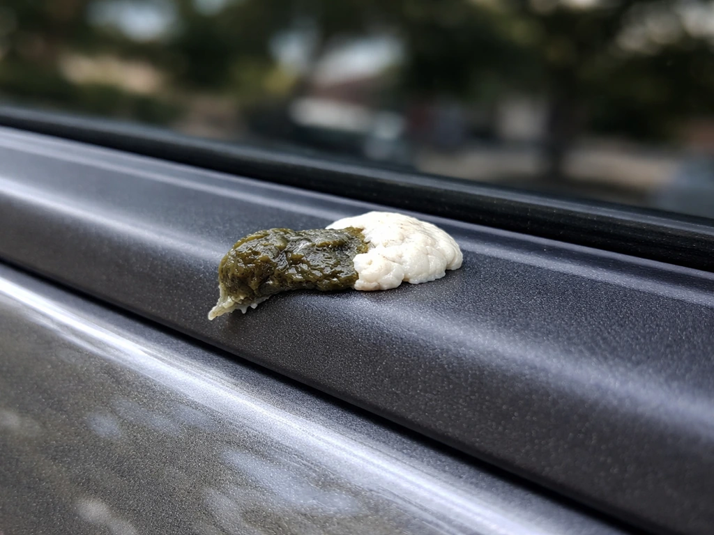 Close-up of a fresh bird dropping on a car ledge showing dark fecal part and white urate cap.
