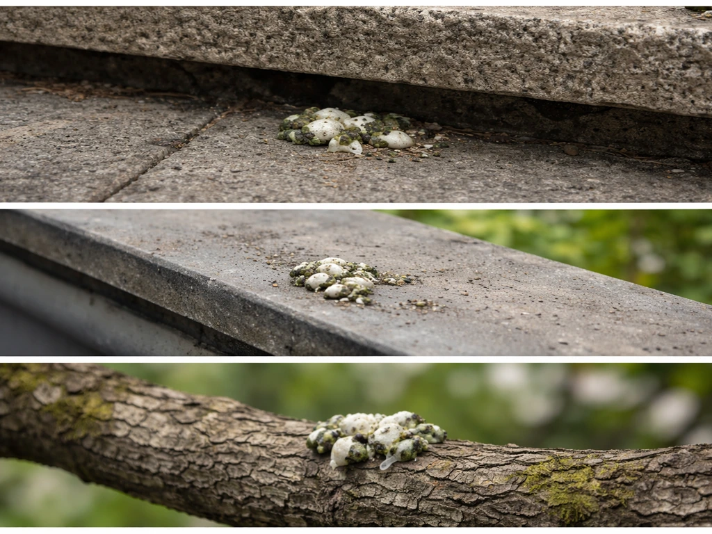 Three clusters of bird droppings under a ledge, on a rooftop edge, and on a tree branch.