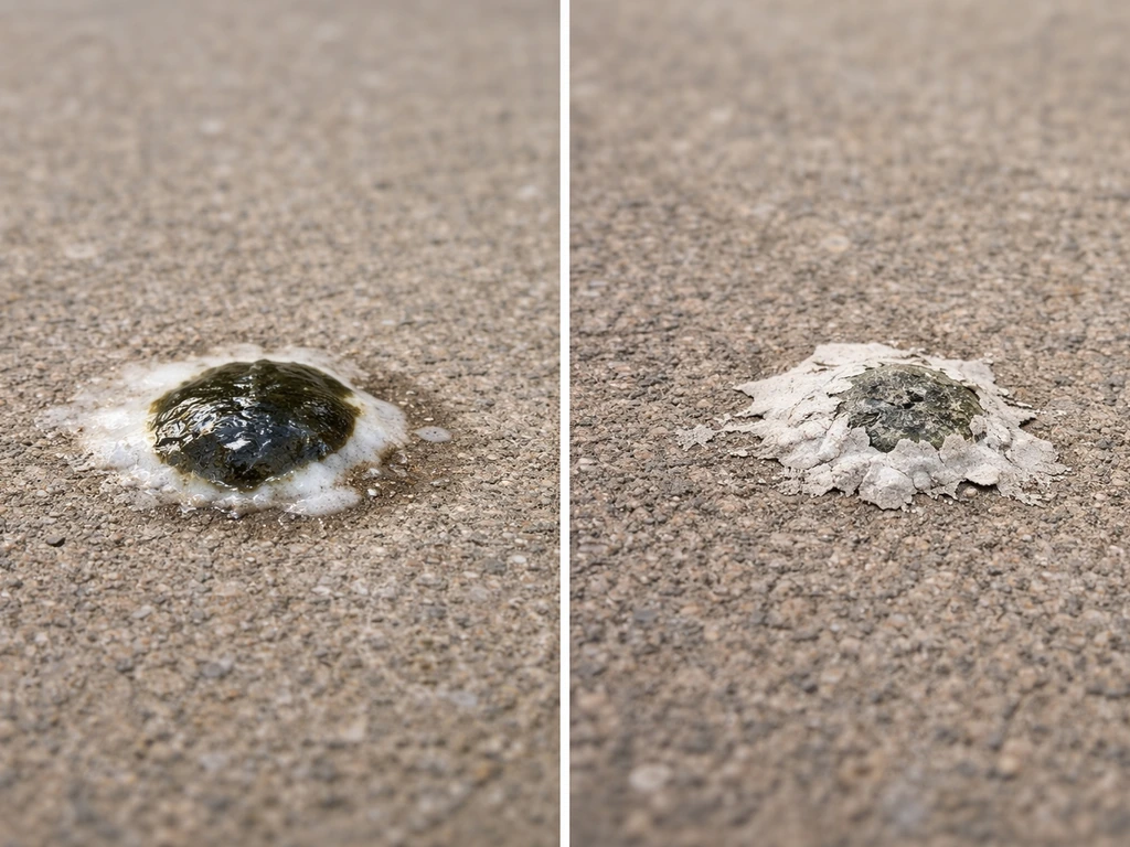 Close-up showing fresh glossy two-toned bird droppings beside dried powdery lighter droppings.