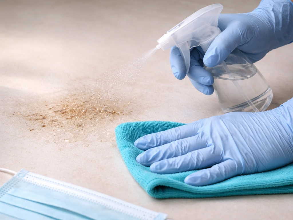 Anonymous gloved hands spray-mist then wipe a hard surface to show wet-before-you-move-it safety.