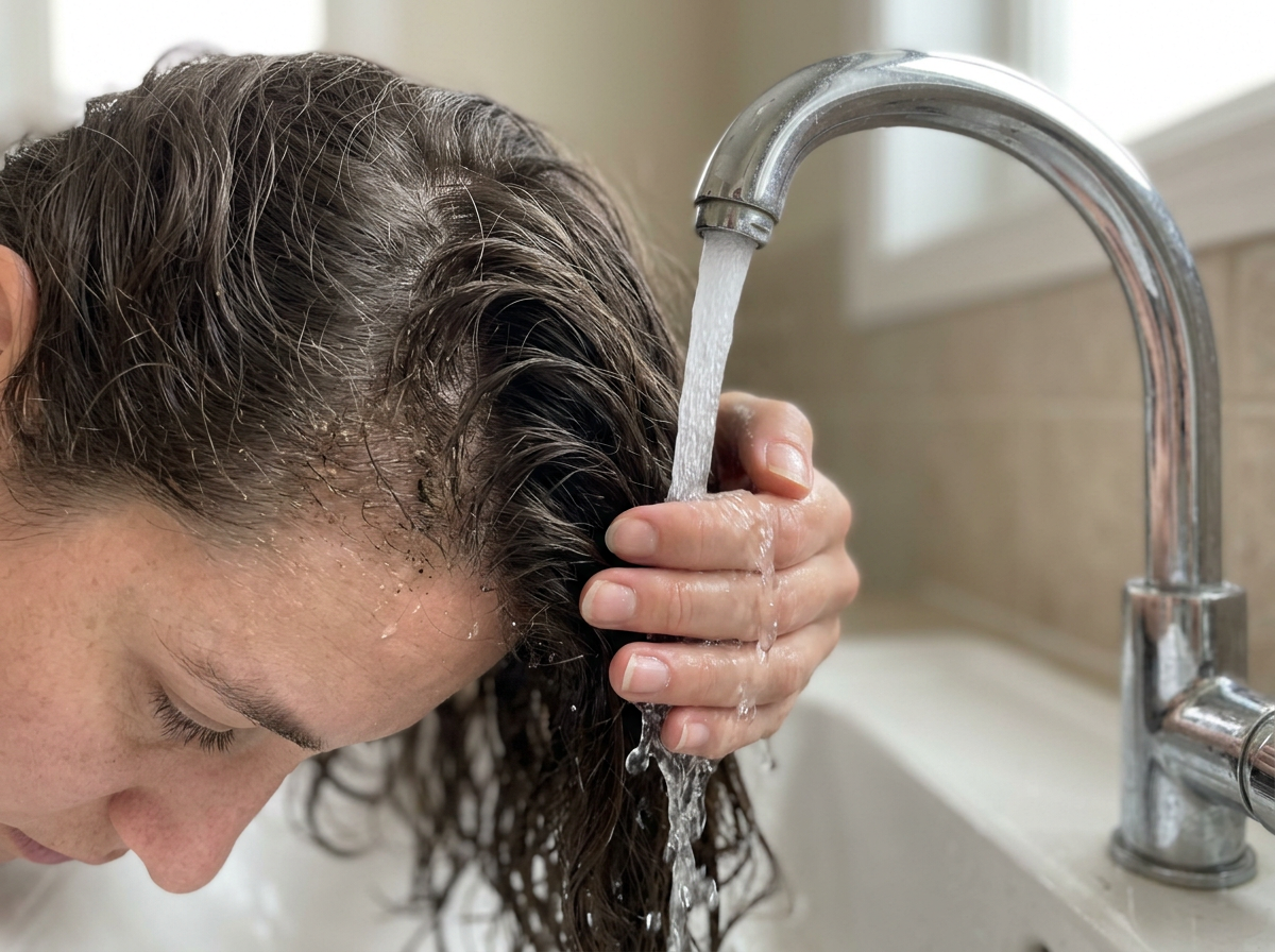 Rinsing bird droppings from hair with clean running water