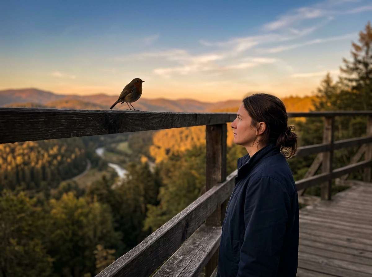 Cultural symbolism scene of a bird perched above a human silhouette head