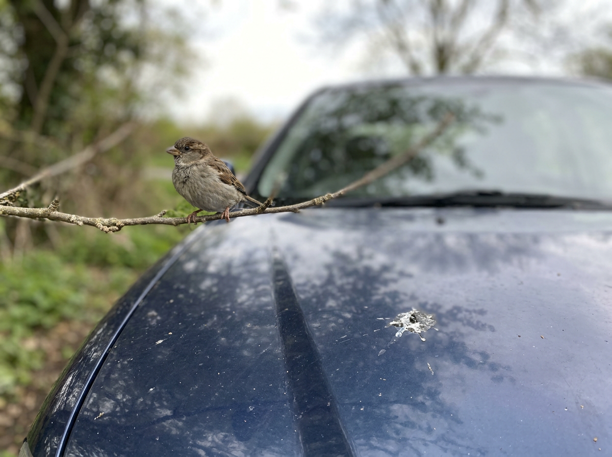 Bird perched above a parked car with a fresh dropping on the hood