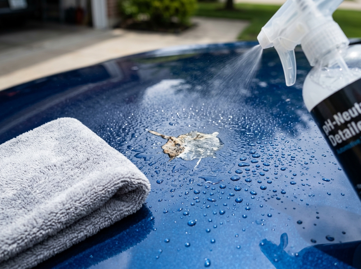 Soaking/misting bird droppings on a car paint with water or remover