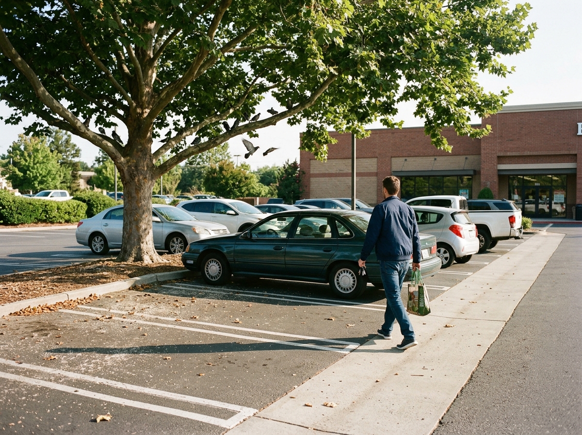 Car parked in a new spot away from nearby tree branches