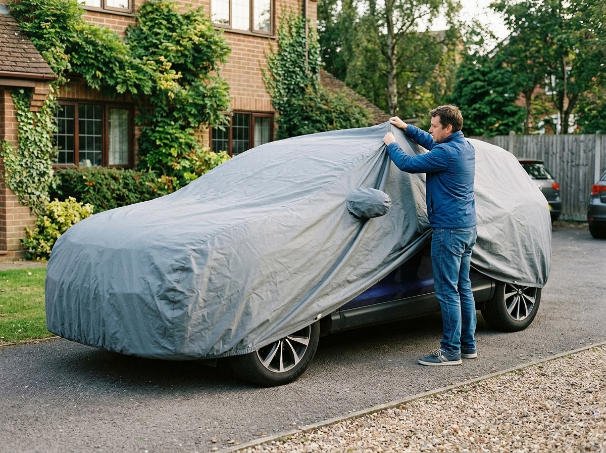 Car fully covered to prevent bird droppings on paint