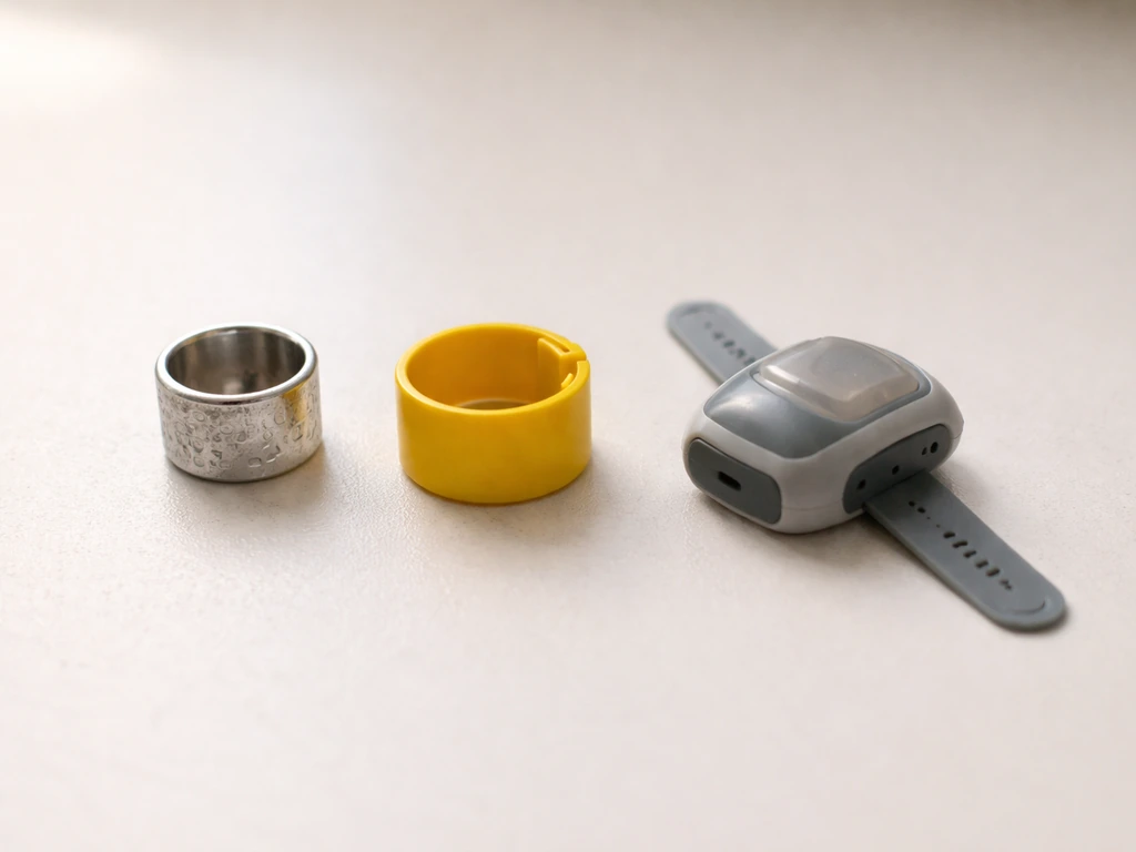 Close-up of three bird-banding items laid out: metal band, colored plastic band, and a small wing-style tracker.