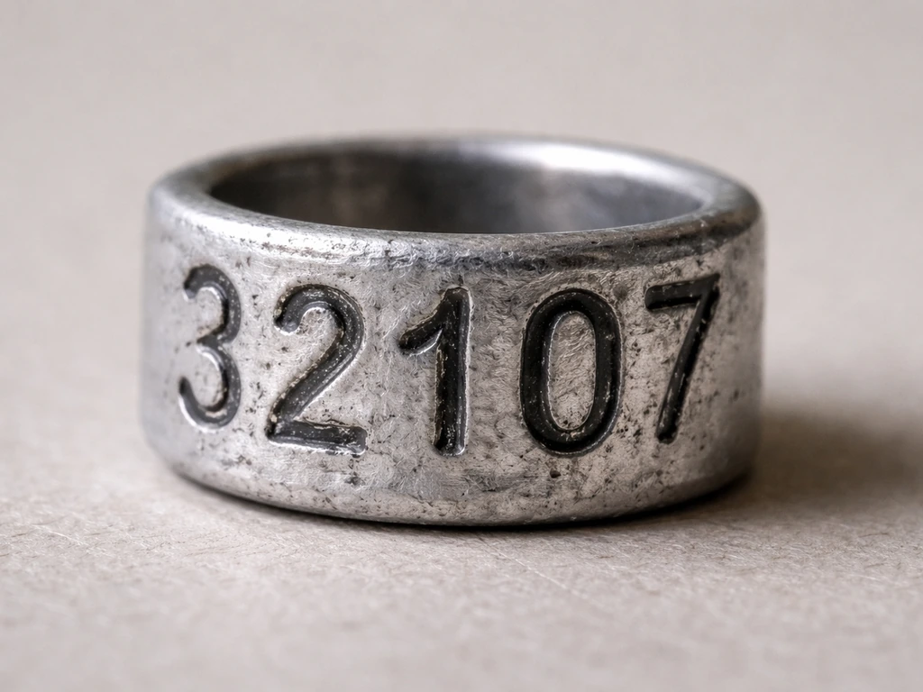 Extreme close-up of a stamped metal identification band with clear digits and visible wear.