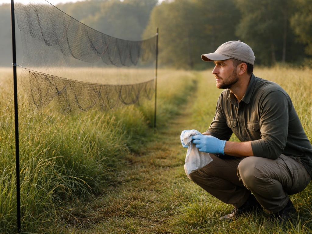 A bander in a meadow prepares mist nets for safe bird banding, with nets set between poles.