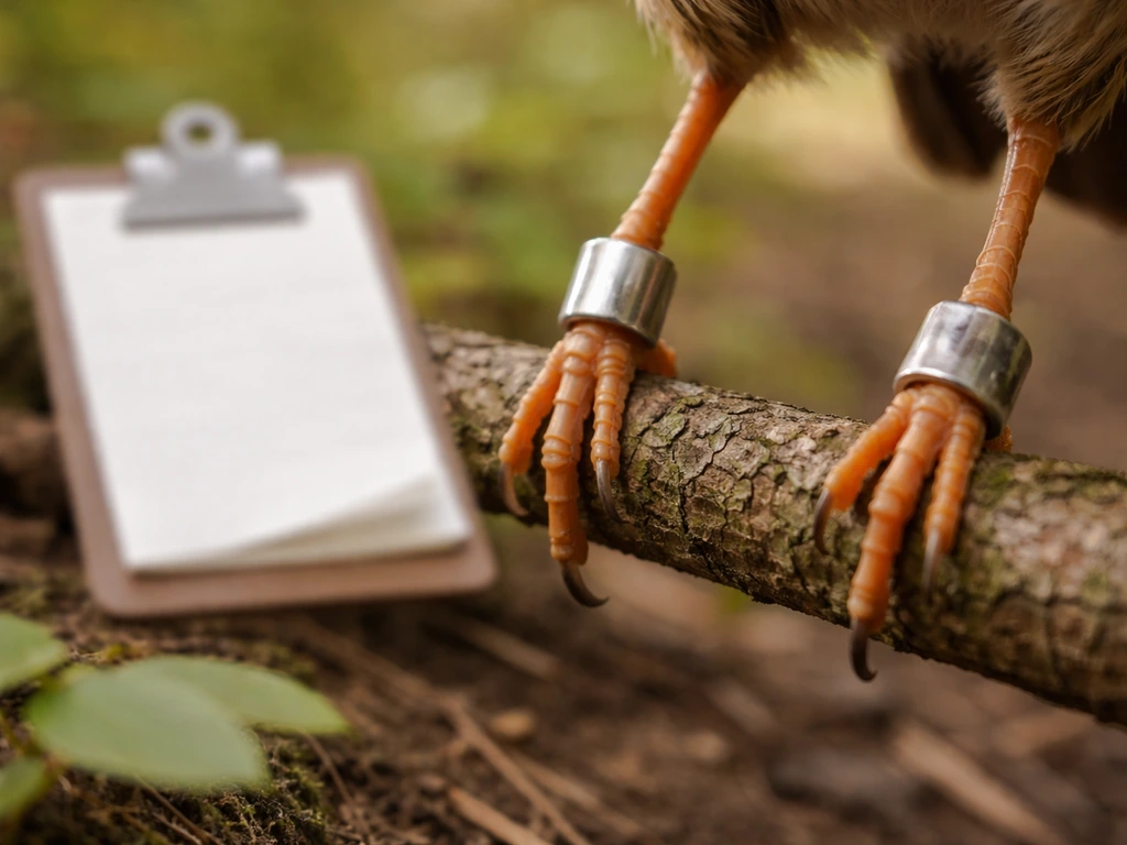 Close-up of an unaltered bird leg band on a twig with a “report only” style cue nearby, no text.