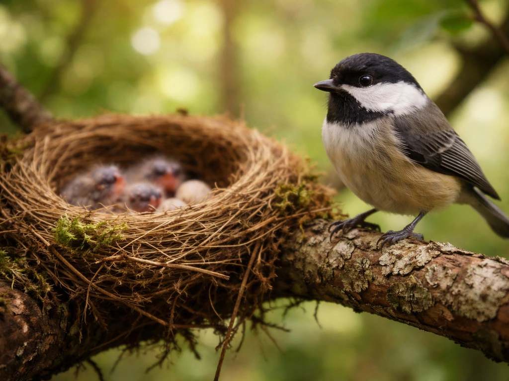 Close-up of a small bird perched near a natural nest on a tree branch, with nesting activity in soft focus.