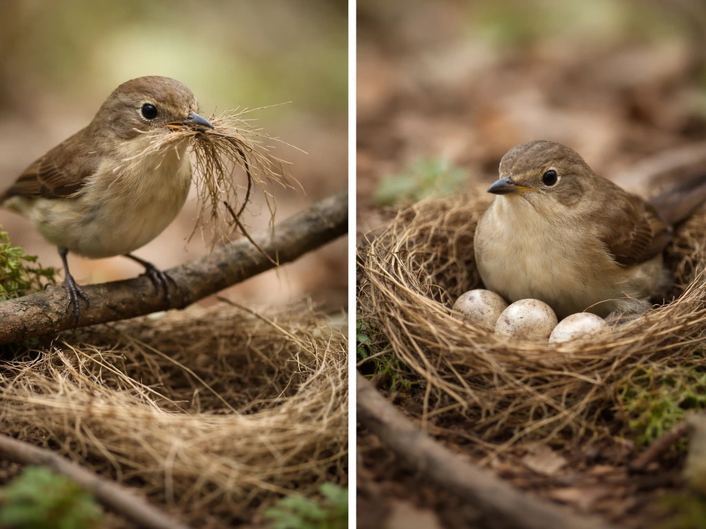 Side-by-side: bird building a nest with materials in beak, and bird brooding eggs in a nest.