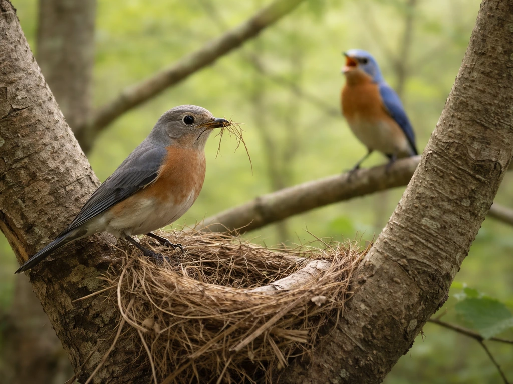Two birds in a quiet tree: one near a nest building with twigs, another courting on a nearby branch.