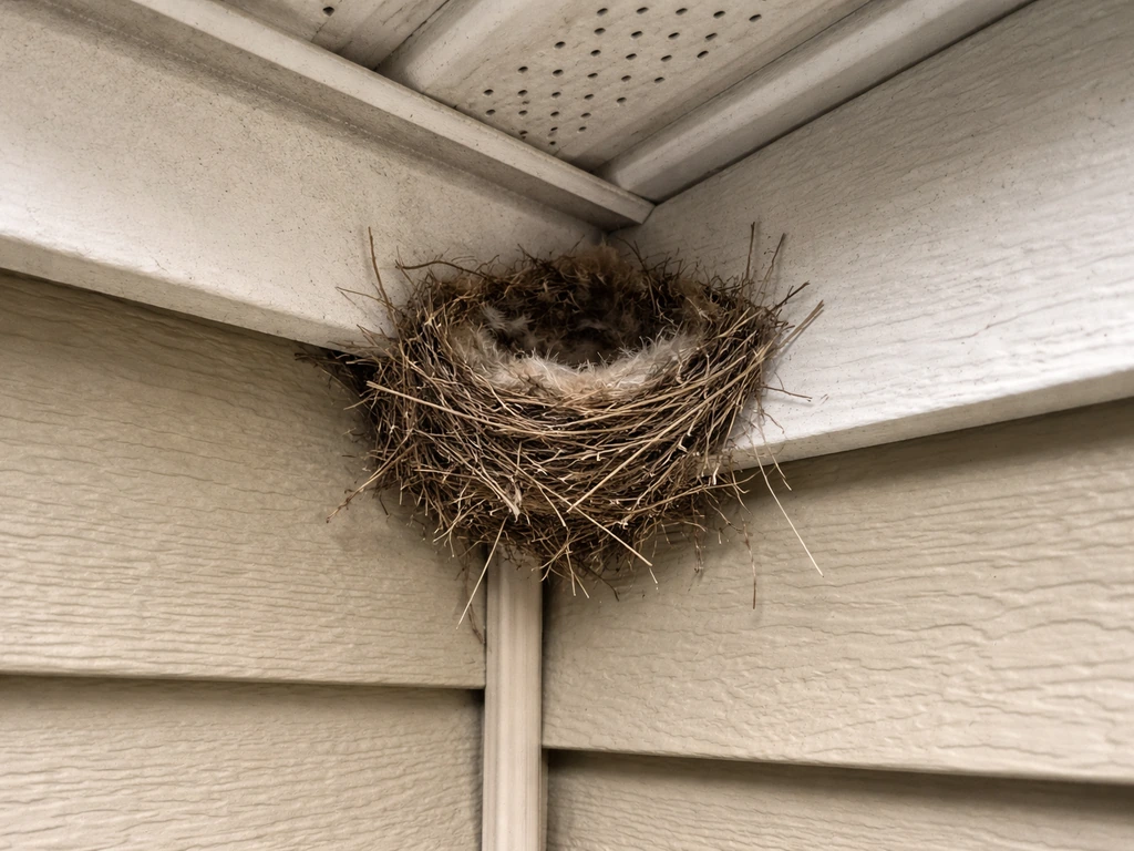 Bird nest clearly visible under a house eave, with siding and roof edge in frame.