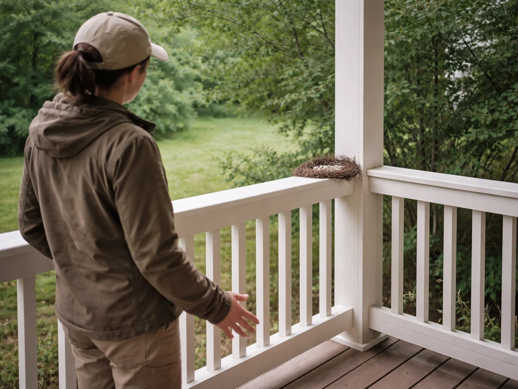 Caregiver steps back from an outdoor bird nest on a porch fence, keeping respectful distance.