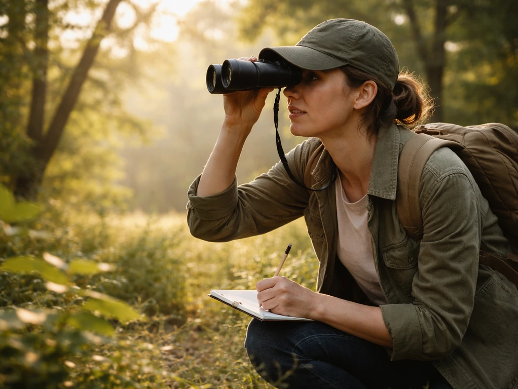 Bird-watcher crouches in a woodland, using binoculars and jotting notes on a small notepad.