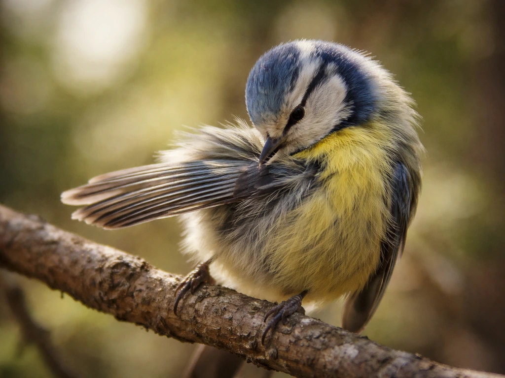 Bird preening close-up, beak combing through its feathers on a branch in natural light.
