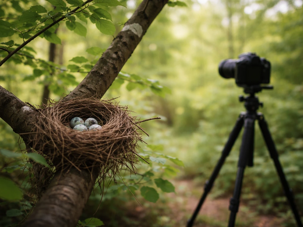 Close view of a small bird nest in a tree branch with an observation camera setup nearby at a safe distance