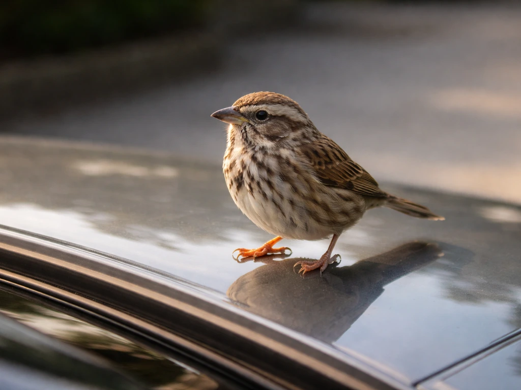 Small bird perched on a car hood in warm sunlight with a softly blurred parking background.