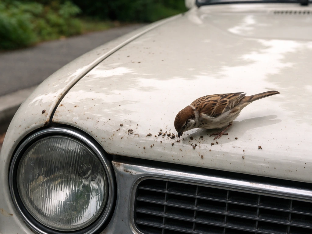 House sparrow-like bird perched near car hood where small insects cluster on the paint.