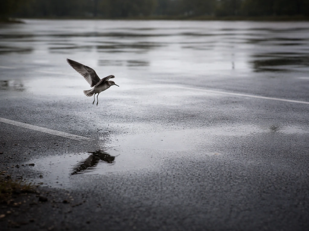 A lone shorebird in flight near reflective puddles on a large empty asphalt parking lot
